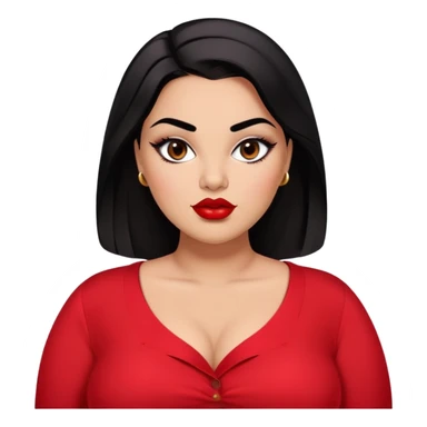 Glamorous full-figured young woman with defined features, brown skin, expressive dark eyes, thick eyebrows, full lips with red lipstick, sleek black hair, slightly plump, wearing a red blouse sticker