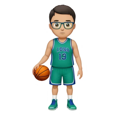 Full Body plus size tall white male with dark short hair basketball player wearing glasses wearing blue  with green uniform sticker