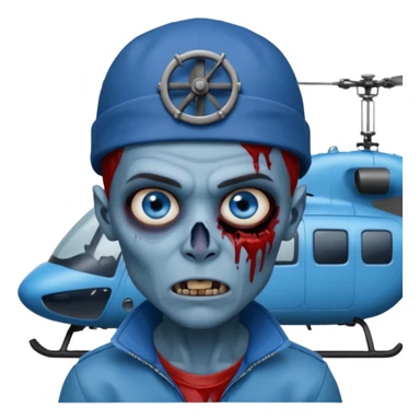 Zombie boy, with a blue face, blue eyes, brown hair and eyebrows, a sticking out fang, a bloody scratch on his face and a helicopter cap sticker