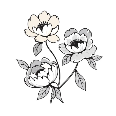 peony flowers with lush petals and leaves in pastel colors dd9fb0 ffc6d3 a3bfc9 c4bee2 f1b091, hand-drawn doodle style sticker