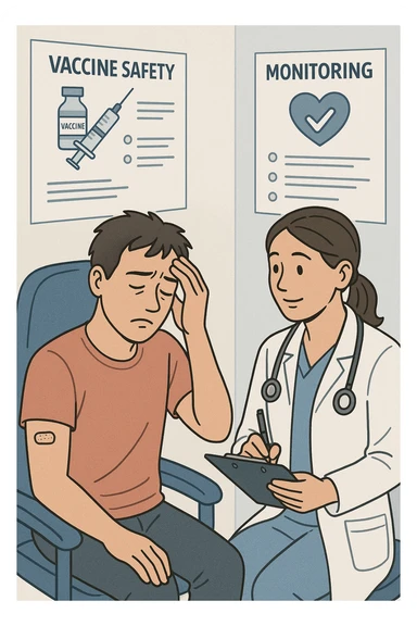 Vertical, educational medical illustration: a healthcare professional observes a patient who appears unwell after receiving a vaccine. The patient sits in a clinic chair, showing mild symptoms such as fatigue or headache, while the professional takes notes and offers reassurance. The background includes educational posters about vaccine safety and monitoring. sticker