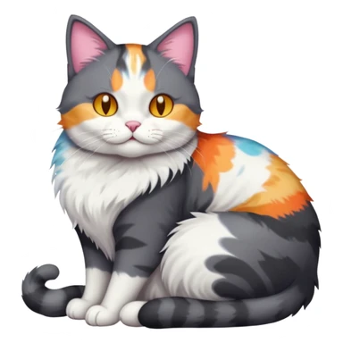 full body large dark grey and white cat cuddling a colourful light patched calico + white tabby cat  sticker
