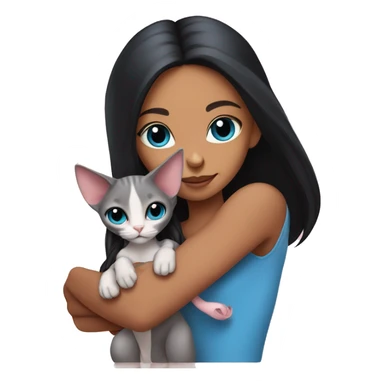 A girl with long black hair holds a pink sphinx cat with blue eyes in her arms sticker