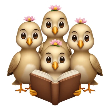 3 beige Birds reading books + flower sticker