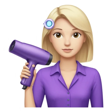 blonde woman in beige blouse holding a purple Dyson hair dryer, iOS emoji style sticker