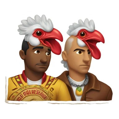 Two men with rooster heads with their backs against each other; both men wearing Mexican outfit and there is a sign around them that says “Los Pollos Hermanos” sticker