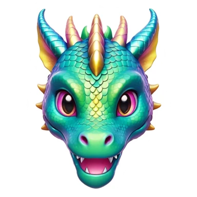 Cinematic Cute Dragon Portrait Emoji, Head tilted playfully and inquisitively, with a sleek, serpentine body adorned in iridescent scales and a charming, expressive face featuring subtle, delicate horns, round, sparkling eyes brimming with curious magic, Simplified yet irresistibly adorable features, highly detailed, glowing with a warm, enchanting glow, high shine, affectionate and mystical, stylized with a touch of whimsical fantasy, soft glowing outline, capturing the essence of a mischievous yet loving dragon that feels like it could slither out of the screen into your arms! sticker