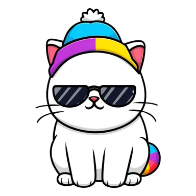 grumpy cat wearing a rainbow beanie and heart-shaped sunglasses sticker