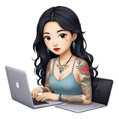 beautiful girl, with tattoos, with long black hair, wavy hair, chinese, with laptop sticker