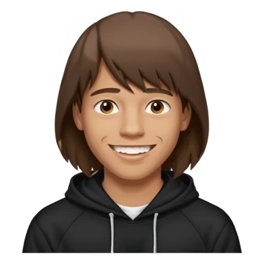 20 yr old man, brown hair, straight, big smile, white teeth, tanned skin, bangs, black hooded sweatshirt, long hair in back, center-parted bangs, big lips sticker