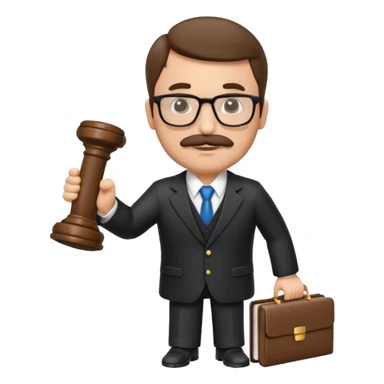 “Create a clean, modern emoji-style illustration of a male lawyer. He is wearing a formal suit jacket. He is holding a judge’s gavel (QUE SE VE DE COSTADO) in one hand and has a law book tucked under his arm. He has a mustache and a short beard, and GLASSES sticker