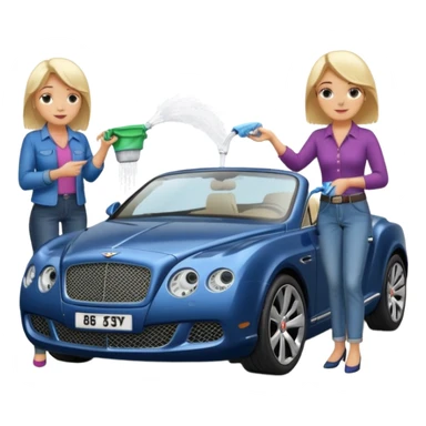 A fatter old blond lady in blue jeans washing a black Bentley car. show the full car and the lady next to it. show the face smaller and the person standing beside it sticker