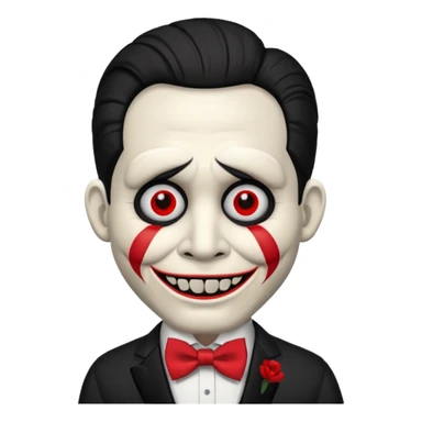 Billy the puppet from Saw, emoji style, white face, red bow tie, black suit, red eyes sticker