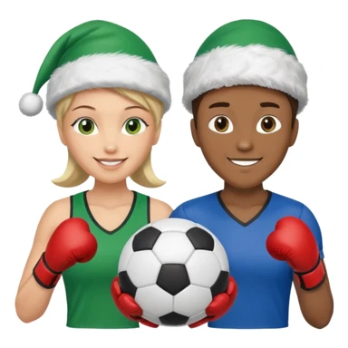 crie a imagem de 3 atletas, um homem no meio e duas mulheres, de modalidades esportivas diferentes, usando elementos esportivos, como por exemplo bola de futebol, luvas de luta e bola de vôlei... e usando um chápeu de papai noel das cores verde e azul. sticker