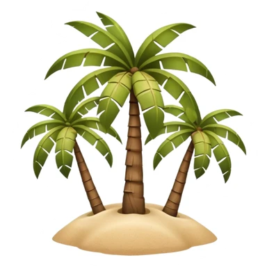 A 3D cartoon coconut palm tree with coconuts near the top and a sandy base, tropical light setting, Memoji-style realism. sticker