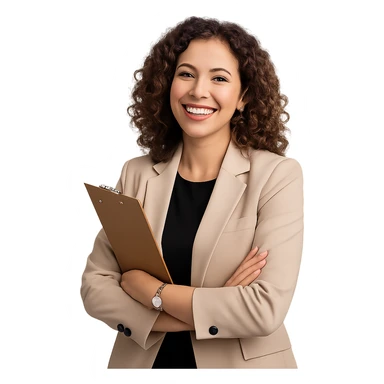 a beautiful, fancy woman as a happy and relaxed project manager, in a professional yet cheerful pose sticker