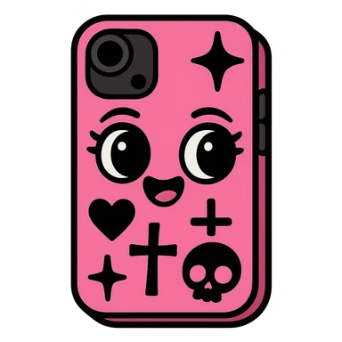 pink and black gothic phone case, big eyes, smiling, playful, cartoonish, gothic symbols sticker