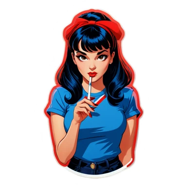 Sexy young pinup woman lighting up a cigarette she has long dark blue black hair with front bangs and she’s wearing a red t shirt  sticker