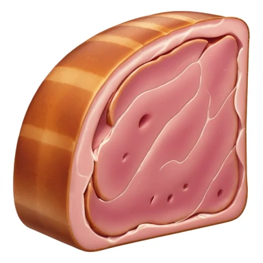 cooked ham, one or two thin folded slices, pale pink, smooth edges, glossy moist texture, natural curve, gentle folds, subtle white fat marbling, uniform delicate color, no bread, plate, packaging, or faces, clean 3D, soft shadows, transparent background, emoji scale sticker