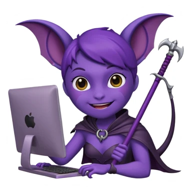 a happy purple girlie bat holding a scythe while sitting in front of her computer sticker