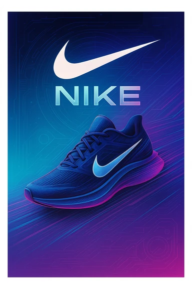 creative poster for Nike's new shoes, shoes in motion with Nike logo, futuristic and innovative style, gradient colors, eye-catching graphics sticker