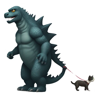 Godzilla walking his pet cat wit a leash sticker
