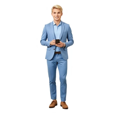 Confident and outgoing male entrepreneur, Caucasian features, short blonde hair, big friendly smile, expressive eyes, wearing a blue blazer over a light blue shirt, dark trousers and brown shoes, holding a smartphone in one hand and a coffee cup in the other, standing pose, full-body, front-facing sticker