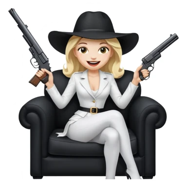 Mafia blondes Laughter woman in hat , gun ,black armchair , white costume  sticker