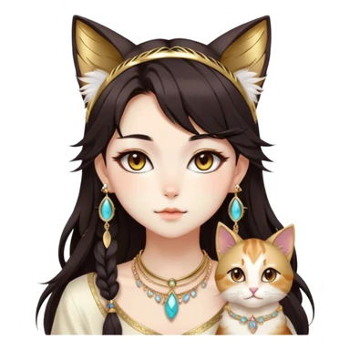 Beautiful gorgeous anime cat-lady with beautiful dark-brown-special-hair, fashion aesthetic, ethereal, feather, accessories, gold jewelries, gold, colorful, feline ears,  sticker