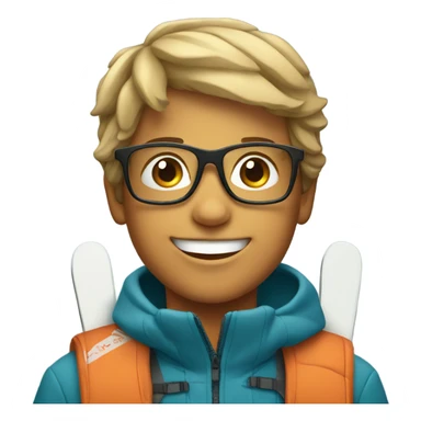 smiling boy with glasses with skiing gear sticker
