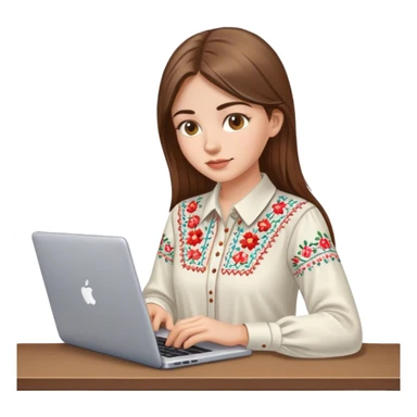 A Ukrainian girl with brown hair in an embroidered shirt works at her laptop sticker