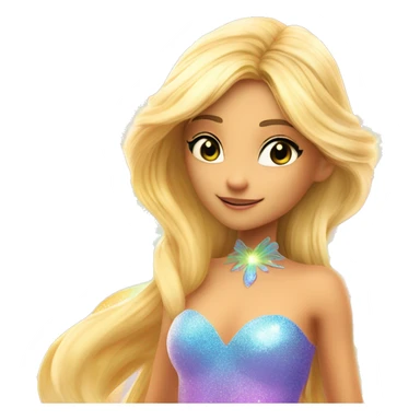 Stella adult latina fairy of nature in her enchantix fairy orange clothing and fairy enchantix wings and long blonde hair from winx club. Small eyes, Lots of sparkles and fairydust. Full body and full fairy bliss sticker