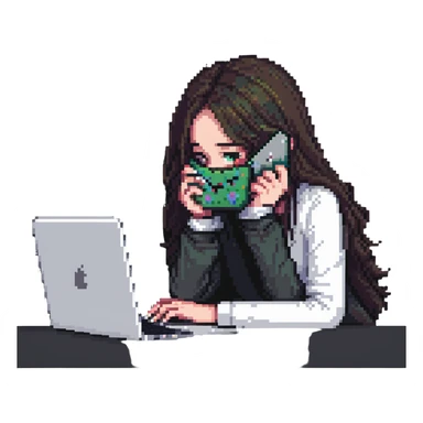 girl hiding her face while working behind a MacBook, pixel art style sticker