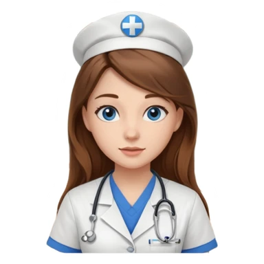 inside a classroom at university that says nursing school on the board with a pretty female nursing student with long brown hair, blue eyes sticker