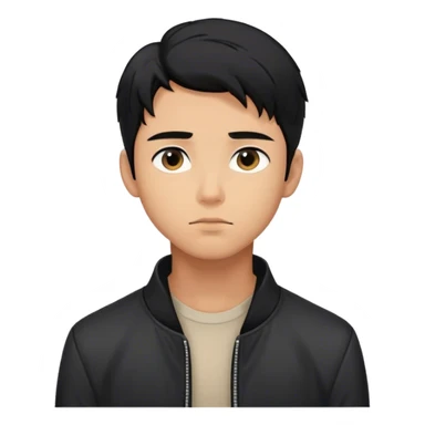 Create an emoji representation of a young man with a calm, introspective expression, wearing a black jacket, with soft lighting and a slightly dreamy, low-key aesthetic." with black ha sticker