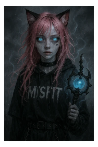 realistic anime catgirl with pink hair, emo streetwear, heart tattoo under left eye, dark magical accessory, sparkles, stormy background, ghostly horror look with translucent skin, glowing blue eyes, and ethereal wisps sticker