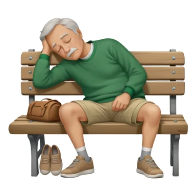 Old Man sleeping sideways on bench in green sweater, light brown shorts, and grey shoes sticker