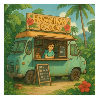 ghibli style Hawaiian food truck with lush greenery and island vibe sticker