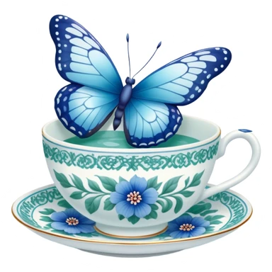 A delicate butterfly with pastel blue wings, resting on the edge of a green  porcelain teacup adorned with intricate blue floral patterns. sticker