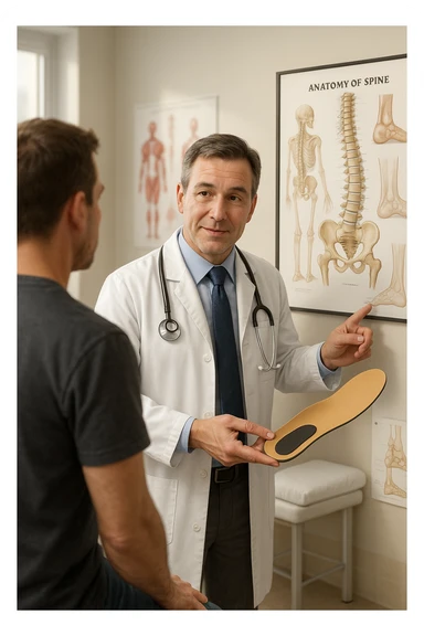 A realistic, cinematic illustration of a professional male doctor in his mid-40s, wearing a white coat, calmly explaining to a patient the benefits of using orthopedic insoles (plantari) for posture correction. The doctor holds a custom insole in his hand while pointing gently to a detailed anatomical poster showing the human spine, pelvis, and feet, illustrating the connection between foot alignment and posture. The setting is a bright, clean medical office with soft natural lighting, a treatment table, and educational anatomical charts in the background. The patient, seen from behind, listens attentively, while the doctor maintains a warm, knowledgeable expression, emphasizing preventive care and body alignment through plantar support. The scene feels trustworthy, modern, and health-focused. sticker