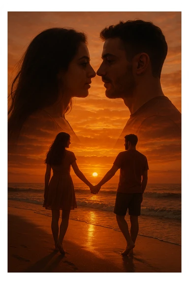 Una doppia esposizione cinematografica di noi di profilo, con un paesaggio di spiaggia al tramonto integrato nella silhouette.
La scena interna ci mostra entrambi camminare sulla sabbia bagnata, tenendoci per mano, con le onde del mare che si infrangono è facile e un cielo colorato dagli ultimi raggi di sole. Atmosfera calda e intima, toni dorati arancioni, dettagli fini ed espressivi, risoluzione 8K. sticker