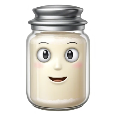 A mischievous anthropomorphic salt jar with transparent glass body and metal lid sticker