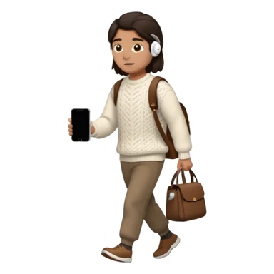 걷고 있는 사람
옷은 겨울에 어울리는 니트와 하의를 입었고 숄더백을 매었다.
머리카락 색깔은 어두운 갈색, 풀은 긴머리를 하고 있다 
귀에는 애플의 에어팟이 착용되어 있다 sticker