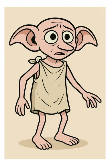 full body illustration of Dobby the house elf in cute, cartoon, simplified style with bold black lines and soft colors, small with large ears, expressive eyes, wearing old pillowcase sticker