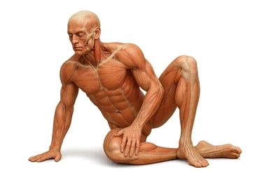 CORPO UMANO ANATOMICO REALISTICO CHE SVOLGE UN ESERCIZIO DI MOBILITà ALLE ANCHE, iperrealistico 4k sticker