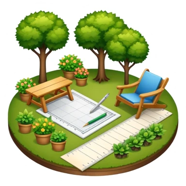Icon for Landscape Design: a garden layout with trees, plants, pathways, and outdoor furniture, along with design tools like a ruler and sketchpad. The icon should represent the creativity and planning behind landscape design. Transparent background. sticker