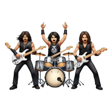 Icon for Heavy Metal Music: 4 men band on stage with electric guitars, drums and intense lighting. 4 Musicians headbanging, surrounded by energy and stage effects, capturing the power and intensity of a metal concert. Transparent background. sticker