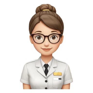 Young girl, bun hair, wearing uniform of reception with hotel name badge, glasses, stand behind the desk

 sticker