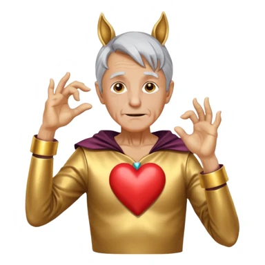 An elderly man with golden skin, his body shining like polished metal, wearing a horse cosplay costume with horse ears and a tail. He is making a heart shape with his hands and blushing slightly, showing a shy and embarrassed expression. sticker