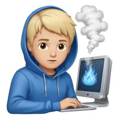 Typing fast ,Blond man with brown eyes blue hoodie,coding, smoke coming from computer, cartoon style sticker